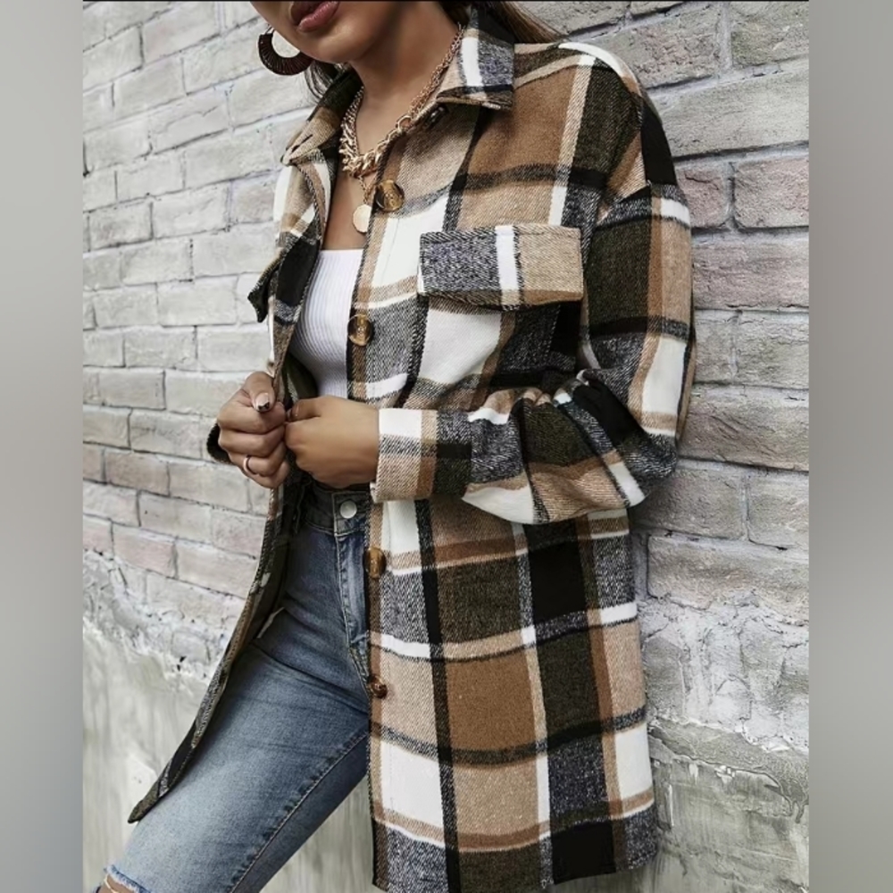 Brown/Black Mix Colors Plaid Shacket Jacket Outerwear Womens Sz XL(12)